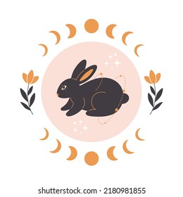 Cute rabbit with astrology, botany and esoteric elements. Year of the Rabbit 2023. Hand drawn vector illustration