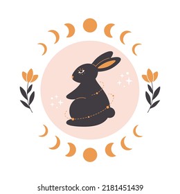 Cute rabbit with astrology, botany and esoteric elements. Year of the Rabbit 2023. Hand drawn vector illustration