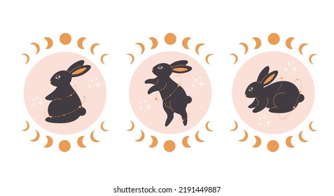 Cute rabbit with astrology and esoteric elements. Magician bunny. Year of the Rabbit 2023. Hand drawn vector illustration