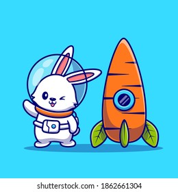 Cute Rabbit Astronaut With Carrot Rocket Cartoon Vector Icon Illustration. Animal Technology Icon Concept Isolated Premium Vector. Flat Cartoon Style