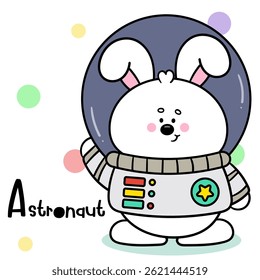 Image vectorielle Illustration D'Icône De Dessin Animé D'Astronaute De Lapin Mignon. Kawaii Bunny Animal job. Style de caractère plat. Joyeuse Occupation Kid.