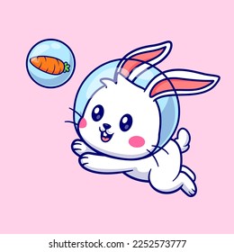 Cute Rabbit Astronaut Catching Carrot Cartoon Vector Icon Illustration. Animal Food Icon Concept Isolated Premium Vector. Flat Cartoon Style