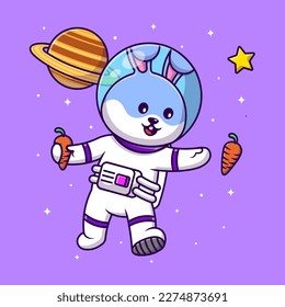 Cute Kaninchen Astronautin Catching Carrot on Space Cartoon Vektorsymbol Illustration. Flaches Cartoon-Konzept. Geeignet für jedes kreative Projekt.
