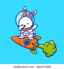 Cute Rabbit Astronaut Dabbing And Flying With Carrot Rocket Cartoon Vector Icon Illustration. Animal Technology Icon Concept Isolated Premium Vector. Flat Cartoon Style