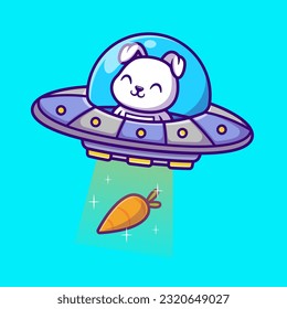 Cute Rabbit Astronaut Driving Ufo Catching Carrot Cartoon Vector Icon Illustration. Animal Food Icon Concept Isolated Premium Vector. Flat Cartoon Style