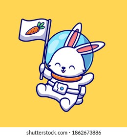 Cute Rabbit Astronaut Floating With Carrot Flag Cartoon Vector Icon Illustration. Animal Technology Icon Concept Isolated Premium Vector. Flat Cartoon Style