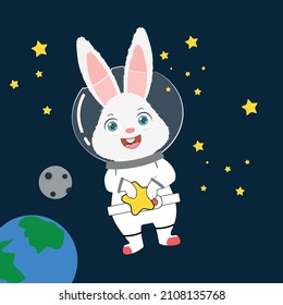 Cute Rabbit Astronaut Floating In Space Cartoon Vector Icon Illustration. Animal Science Icon Concept Isolated Premium Vector. Flat Cartoon Style