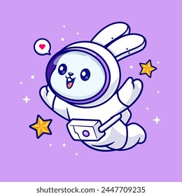 Lindo Conejo Astronauta Flotando En El Espacio Con La Ilustración Del Icono Del Vector Del Dibujo Animado De La Estrella. Icono de Ciencia animal concepto de Vector Premium aislado. Estilo plano de dibujos animados