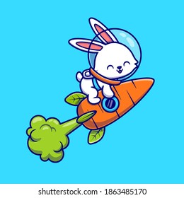 Cute Rabbit Astronaut Flying With Carrot Rocket Cartoon Vector Icon Illustration. Animal Technology Icon Concept Isolated Premium Vector. Flat Cartoon Style