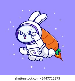 Cute Rabbit Astronaut Flying With Carrot Rocket Cartoon Vector Icon Illustration. Animal Food Icon Concept Isolated Premium Vector. Flat Cartoon Style