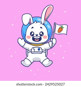 Lindo Conejo Astronauta Sosteniendo La Bandera De La Zanahoria En La Ilustración Del Icono Del Vector De Dibujos Animados Del Espacio. Icono de la ciencia animal Concepto Vector Premium aislado. Estilo plano de dibujos animados