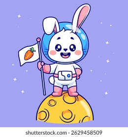 Cute Rabbit Astronaut Holding Carrot Flag On Moon Cartoon Vector Icon Illustration. Animal Science Icon Concept Isolated Premium Vector. Flat Cartoon Style