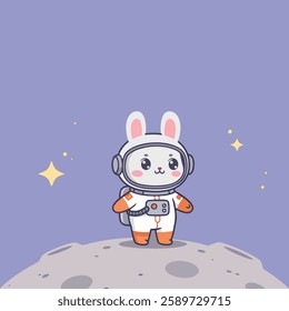 Cute Rabbit Astronaut On The Moon Cartoon Vector Icon Illustration. Animal Icon Concept Isolated Premium Vector. Flat Cartoon Style 