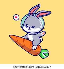 Cute Rabbit Astronaut Riding Carrot Rocket Cartoon Vector Icon Illustration. Animal Nature Icon Concept Isolated Premium Vector. Flat Cartoon Style