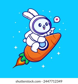 Cute Rabbit Astronaut Riding Carrot Rocket Cartoon Vector Icon Illustration. Animal Food Icon Concept Isolated Premium Vector. Flat Cartoon Style