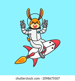 Cute Rabbit Astronaut riding rocket with peace hand cartoon vector icon illustration