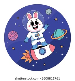 Cute rabbit astronaut with rocket in space