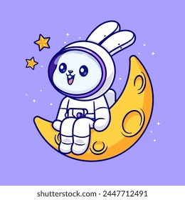 Cute Rabbit Astronaut Sitting On Moon Cartoon Vector Icon Illustration. Animal Science Icon Concept Isolated Premium Vector. Flat Cartoon Style