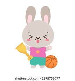 Cute rabbit athlete holding award sport cup. Cartoon bunny basketball player school child. Animal kawaii hare elementary student. PE school subject. Little champion sport trophy winner.