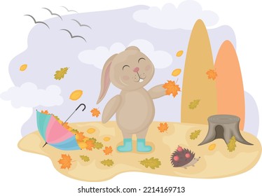 Cute rabbit. Autumn illustration with cartoon rabbit and hedgehog. The hare collects autumn leaves in an umbrella. Vector illustration