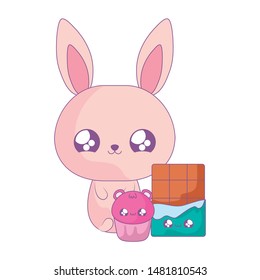 cute rabbit baby with chocolate bar and cupcake kawaii style