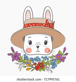 Cute rabbit baby girl with hat, flowers. Vector illustration for print on t-shirt and other uses