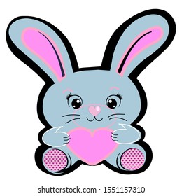 Cute Rabbit Baby Girl Holding Pink Heart. Sticker Vector Illustration