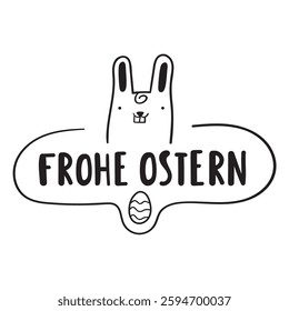 Cute rabbit. Badge Frohe Ostern. Happy Easter in German. Outline illustration.