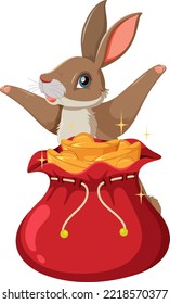 Cute rabbit with bag of gold and coin illustration