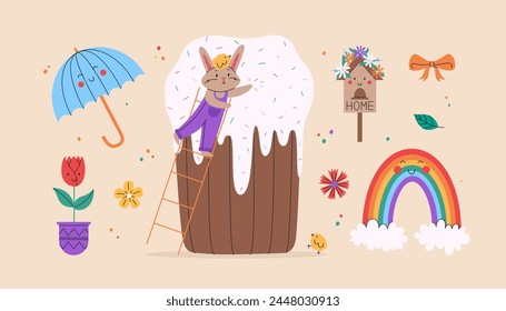 Cute rabbit bake and decorate Easter cake with chicks. Vector illustration for Easter day. Holiday concept. Illustration for greeting cards, posters, banners and stickers.