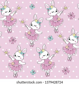 Cute rabbit ballerina with a magic wand on a pink background seamless pattern