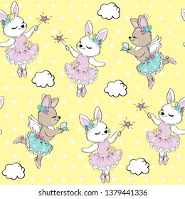 Cute rabbit ballerina with a magic wand on a yellow background seamless pattern