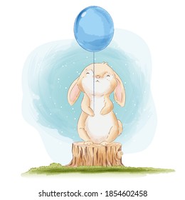 Cute Rabbit and ballon cartoon illustration, watercolor animals Isolated on white background, for cover book, print, baby shower, nursery decorations, birthday invitations, poster, greeting card, fabr