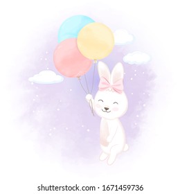 Cute rabbit with balloon hand drawn animal cartoon illustration