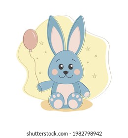 Cute rabbit with balloon. Outline colorful drawing little bunny pet. Baby animal concept vector illustration in cartoon style for nursery, character for children.