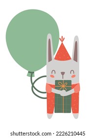 Cute rabbit with balloon and place for text with greetings. Cartoon kawaii bunny in party cap with gift. Kids vector illustration. Children clipart for birthday cards, baby shower, invitation.