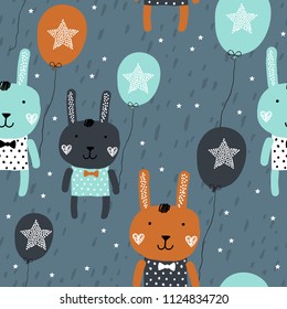 Cute rabbit with a balloon. Scandinavian style. Baby seamless pattern. Good for kids fabric, textile, nursery wallpaper and gift wrap.