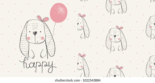 Cute Rabbit with balloon. seamless pattern .cartoon hand drawn vector illustration.