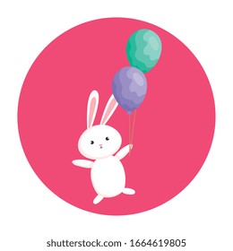conejo lindo con helio de globos en marco ilustración vectorial circular diseño