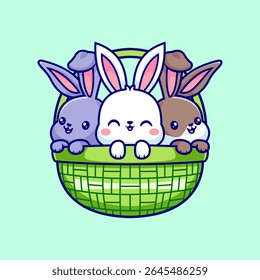 Coelho Bonito Na Cesta Ilustração De Ícone Vetor De Desenho Animado. Animal Nature Icon Concept Vetor Premium Isolado. Estilo de Desenho Animado Plano