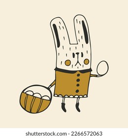 Cute rabbit with a basket with Easter eggs. Cute easter bunny isolated on white background. Traditional element. Happy easter. Vector illustration.