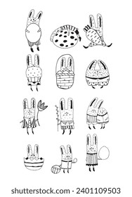 Cute rabbit with a basket with Easter eggs. Cute easter bunny isolated on white background. Traditional element. Happy easter. Vector.