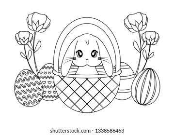 cute rabbit with basket and eggs of easter