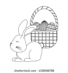 cute rabbit with basket and eggs of easter