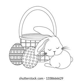cute rabbit with basket and eggs of easter