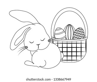 cute rabbit with basket and eggs of easter