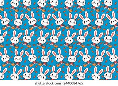 Cute rabbit with basket of eggs, illustration, with the text, Happy Easter, vector illustration