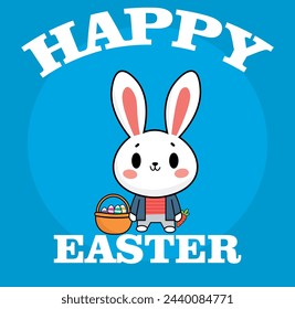 Cute rabbit with basket of eggs, illustration, with the text, Happy Easter, vector illustration