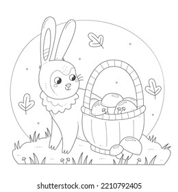 Cute rabbit with a basket of mushrooms coloring page. Bunny collects mushrooms children's coloring book. Vector black and white illustration.