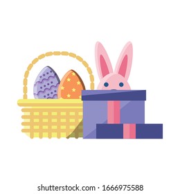 cute rabbit in basket on white background vector illustration design